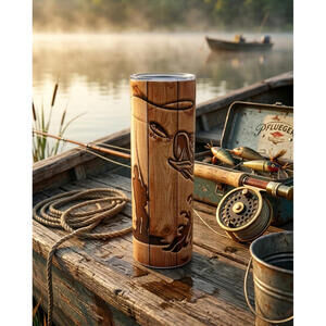 20 oz Customizable Wood-Looking Fishing Stainless Steel Tumbler with Lid, Straw
